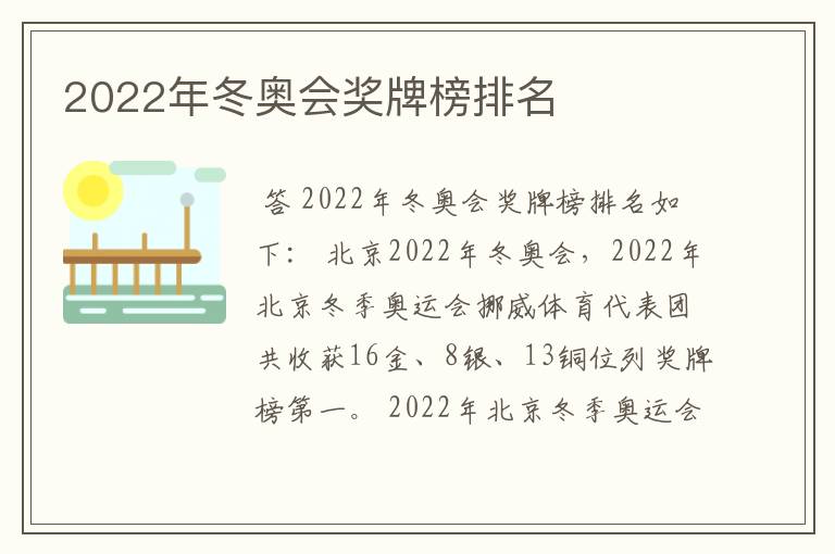2022年冬奥会奖牌榜排名