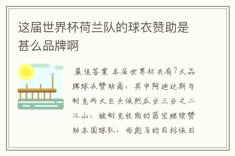 这届世界杯荷兰队的球衣赞助是甚么品牌啊