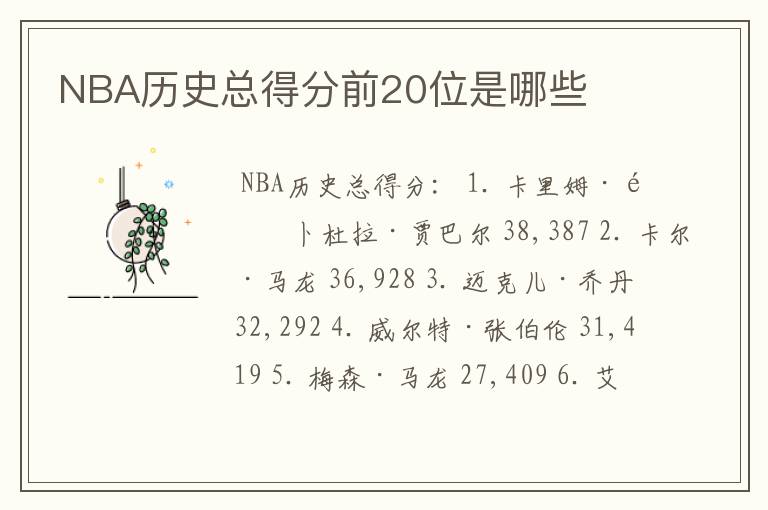 NBA历史总得分前20位是哪些