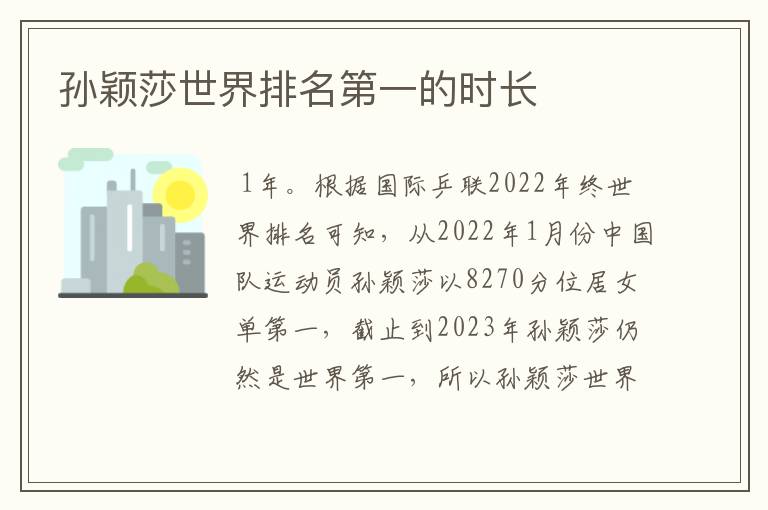 孙颖莎世界排名第一的时长