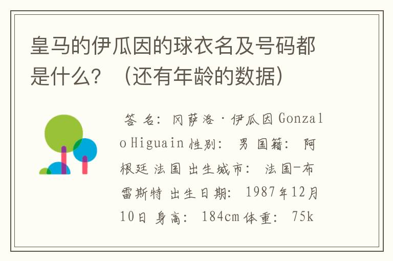 皇马的伊瓜因的球衣名及号码都是什么?(还有年龄的数据)