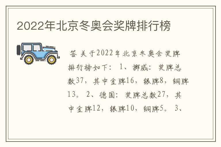 2022年北京冬奥会奖牌排行榜