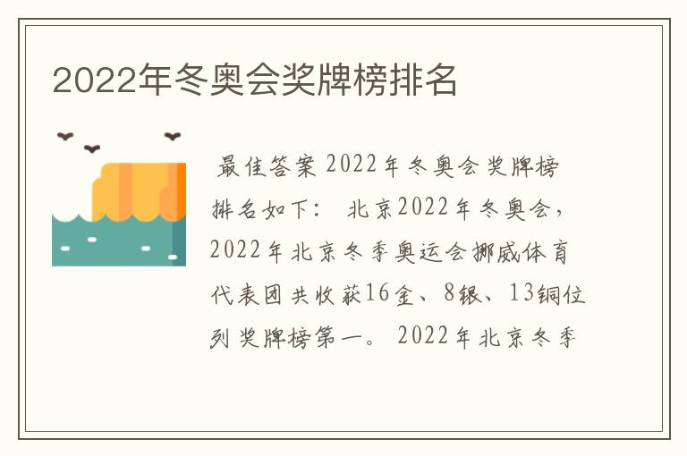 2022年冬奥会奖牌榜排名