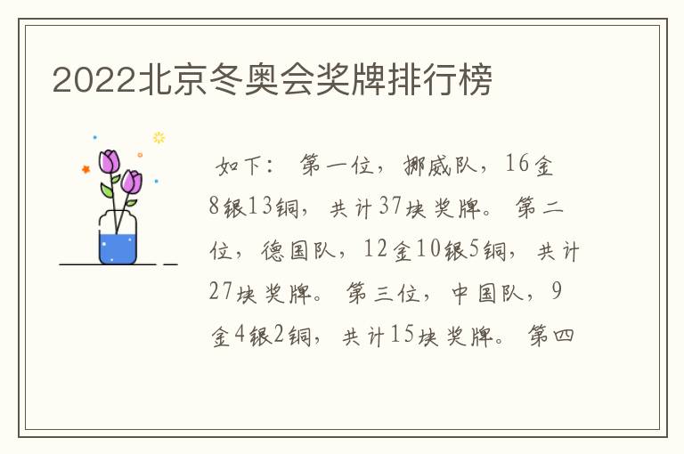 2022北京冬奥会奖牌排行榜