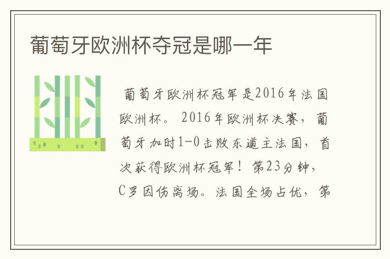 葡萄牙欧洲杯夺冠是哪一年