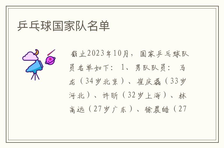 乒乓球国家队名单