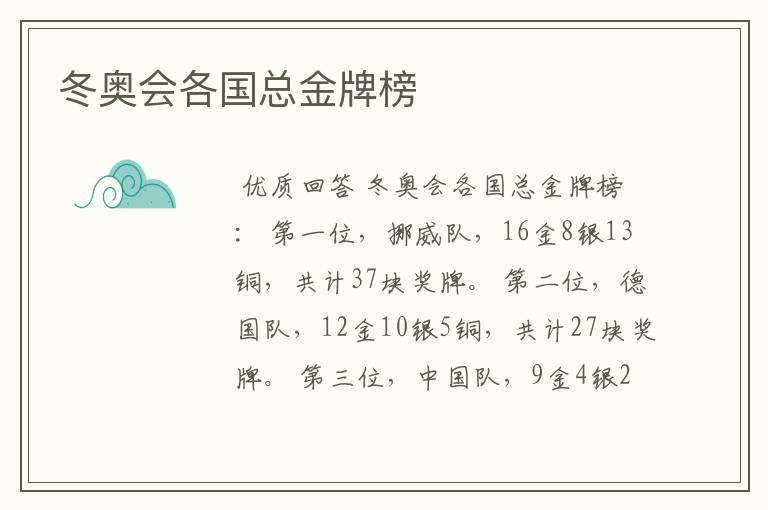 冬奥会各国总金牌榜
