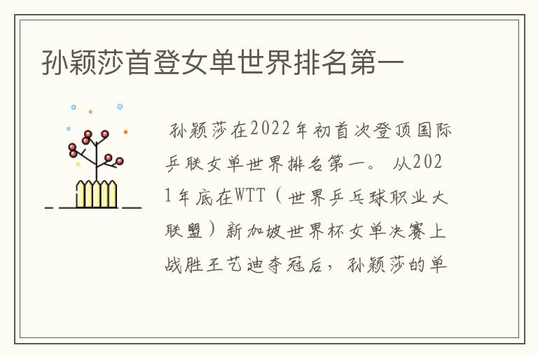 孙颖莎首登女单世界排名第一