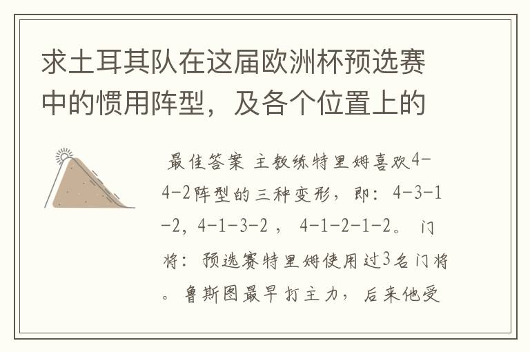 求土耳其队在这届欧洲杯预选赛中的惯用阵型,及各个位置上的主力人选?
