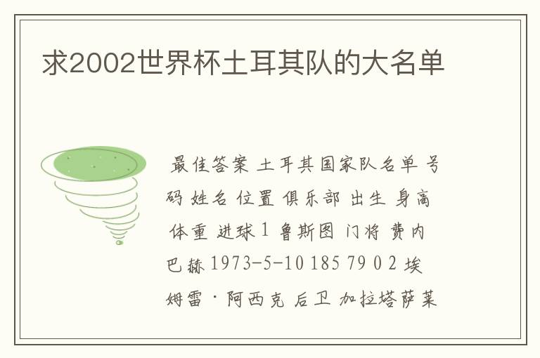 求2002世界杯土耳其队的大名单
