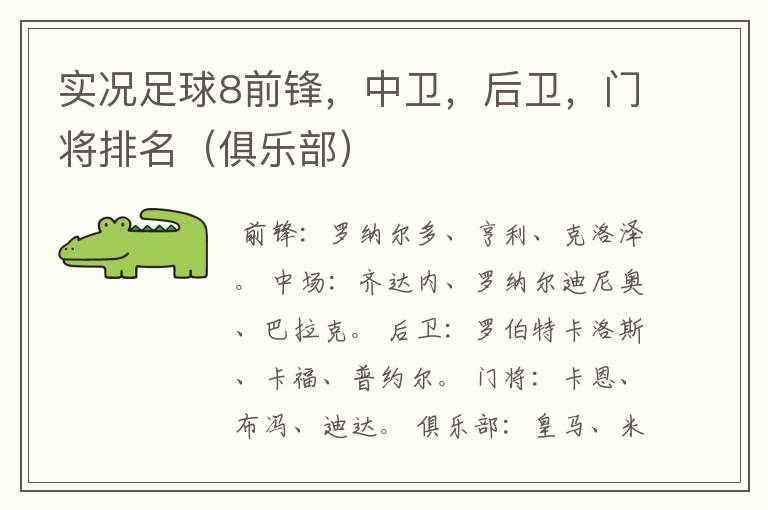实况足球8前锋,中卫,后卫,门将排名(俱乐部)