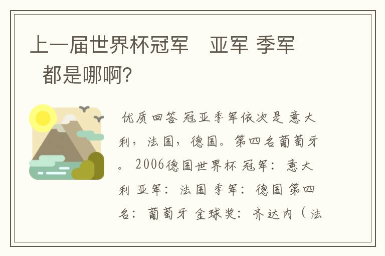 上一届世界杯冠军 亚军 季军 都是哪啊?