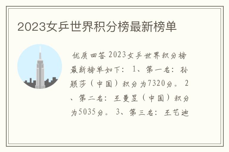 2023女乒世界积分榜最新榜单