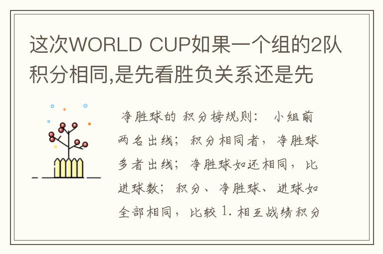 这次WORLD CUP如果一个组的2队积分相同,是先看胜负关系还是先看净胜球