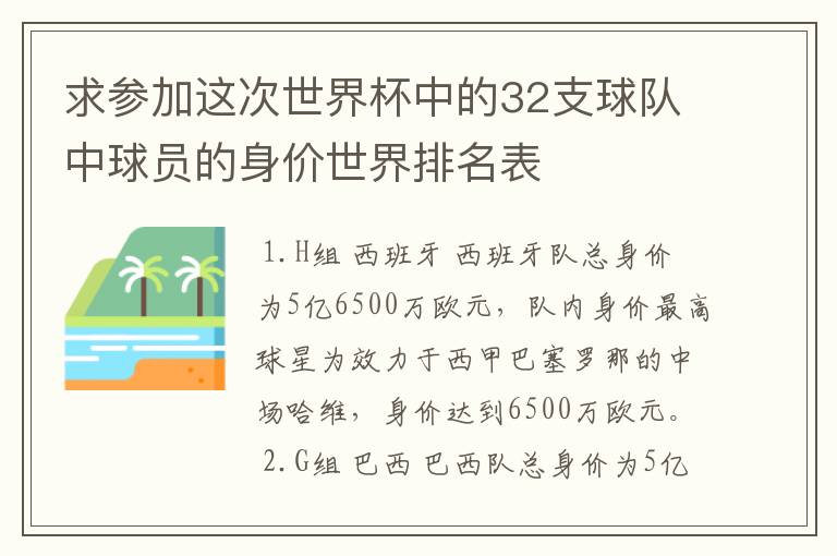 求参加这次世界杯中的32支球队中球员的身价世界排名表