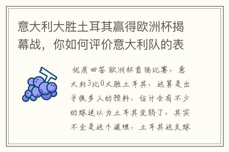 意大利大胜土耳其赢得欧洲杯揭幕战,你如何评价意大利队的表现?