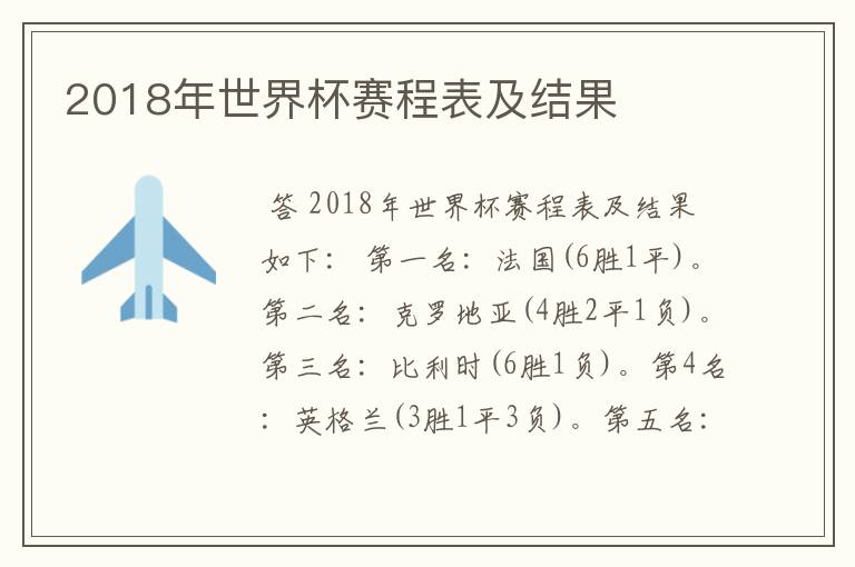 2018年世界杯赛程表及结果