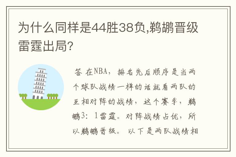为什么同样是44胜38负,鹈鹕晋级雷霆出局?