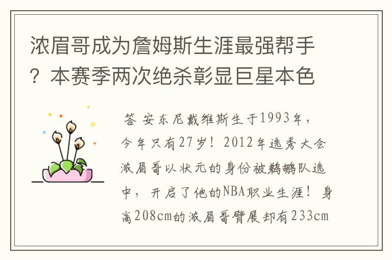 浓眉哥成为詹姆斯生涯最强帮手?本赛季两次绝杀彰显巨星本色