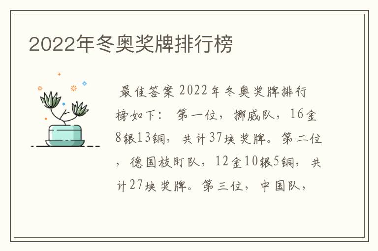 2022年冬奥奖牌排行榜