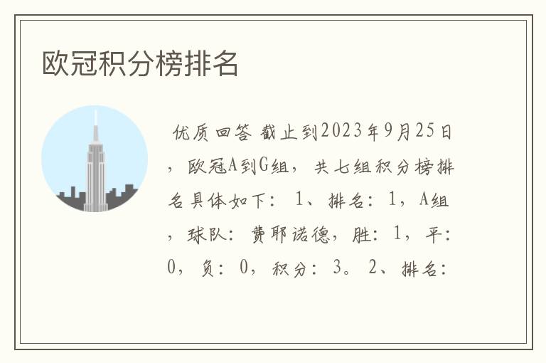 欧冠积分榜排名