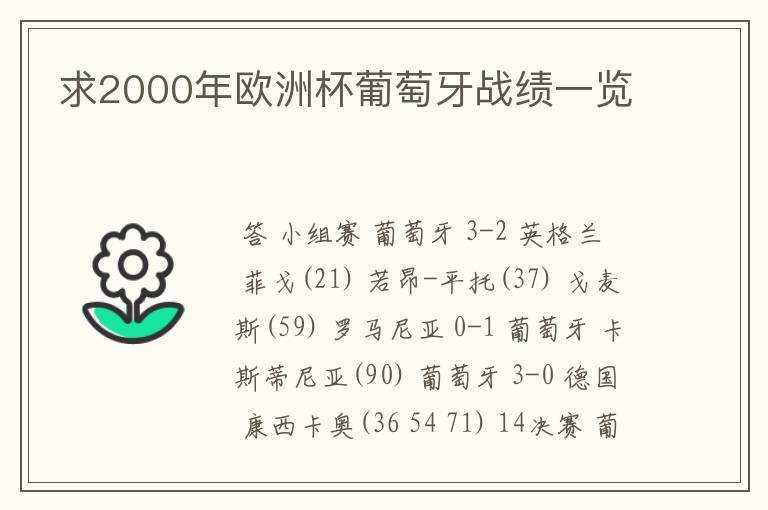 求2000年欧洲杯葡萄牙战绩一览