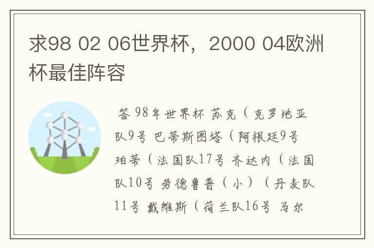 求98 02 06世界杯,2000 04欧洲杯最佳阵容