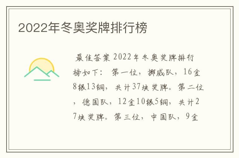 2022年冬奥奖牌排行榜