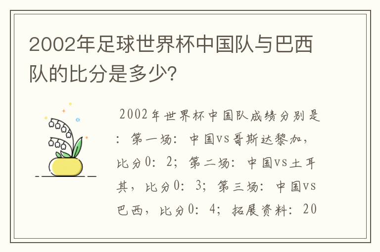 2002年足球世界杯中国队与巴西队的比分是多少?