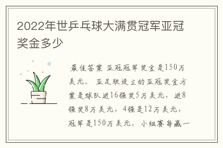 2022年世乒乓球大满贯冠军亚冠奖金多少