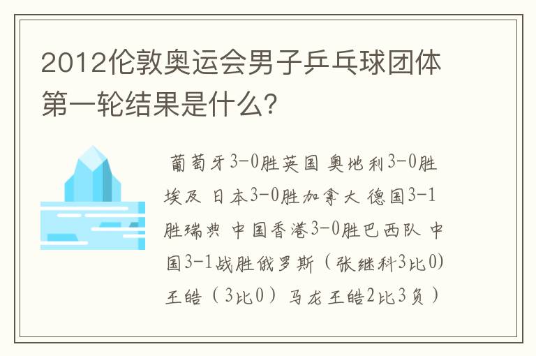 2012伦敦奥运会男子乒乓球团体第一轮结果是什么?
