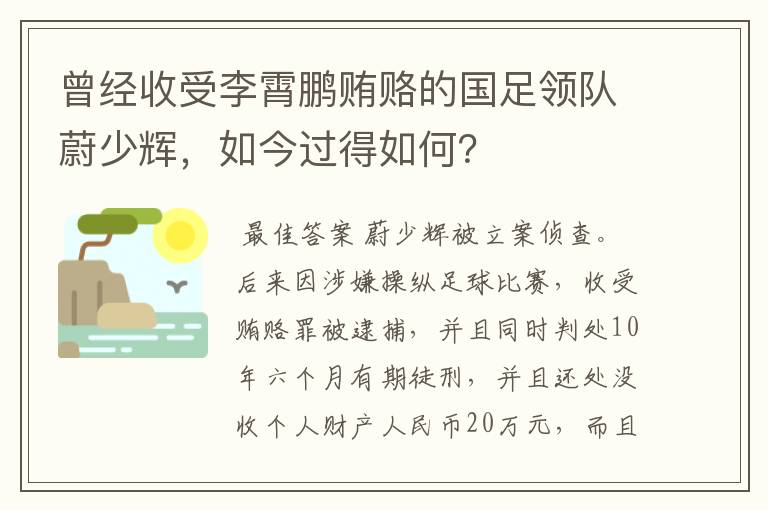 曾经收受李霄鹏贿赂的国足领队蔚少辉,如今过得如何?
