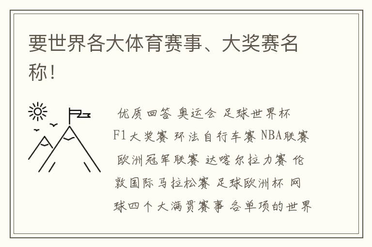 要世界各大体育赛事、大奖赛名称!