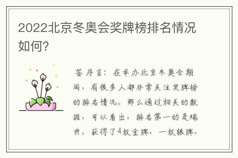 2022北京冬奥会奖牌榜排名情况如何?