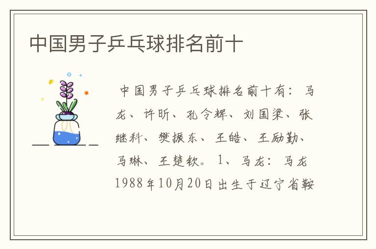 中国男子乒乓球排名前十