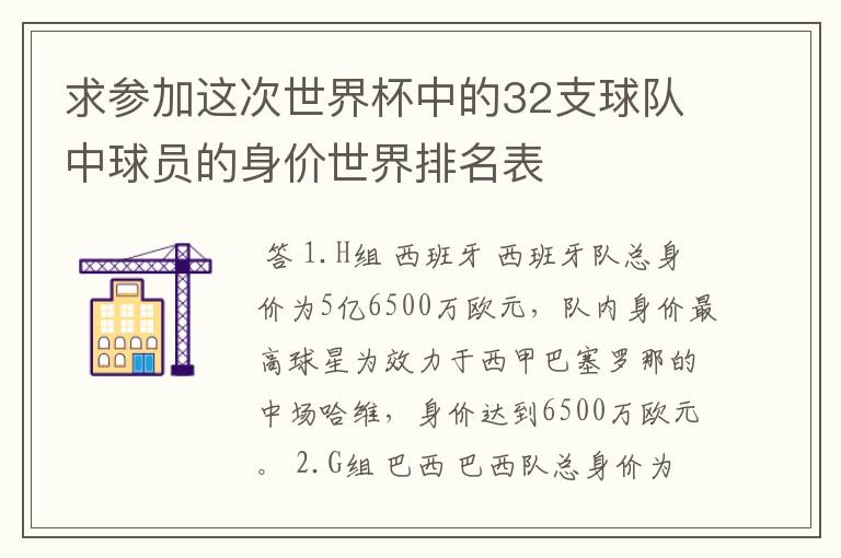 求参加这次世界杯中的32支球队中球员的身价世界排名表