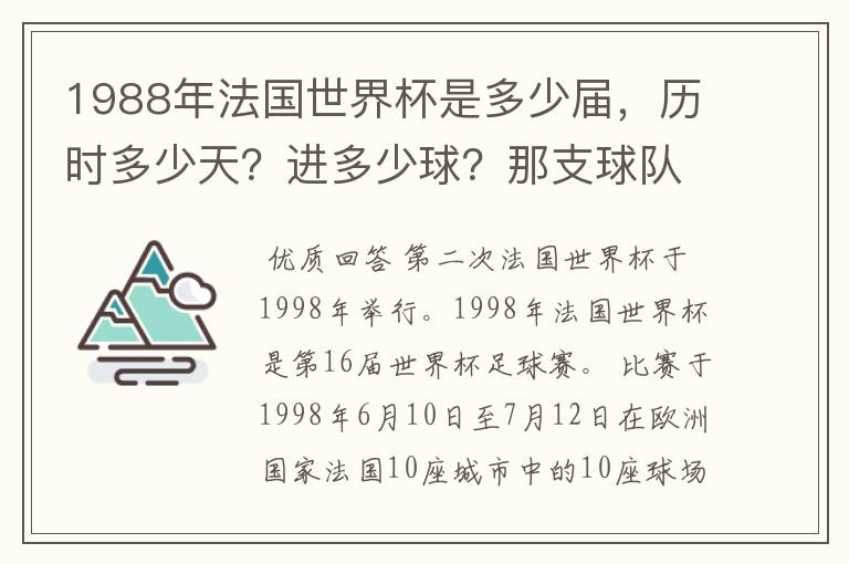 1988年法国世界杯是多少届,历时多少天?进多少球?那支球队是第一次参加世界杯?
