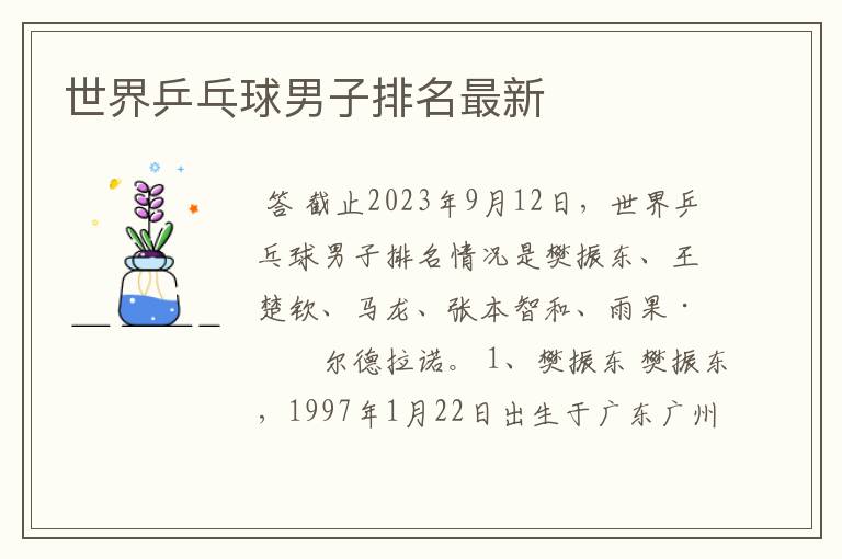 世界乒乓球男子排名最新