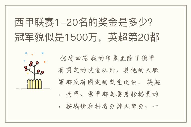 西甲联赛1-20名的奖金是多少?冠军貌似是1500万,英超第20都是4000万呀!