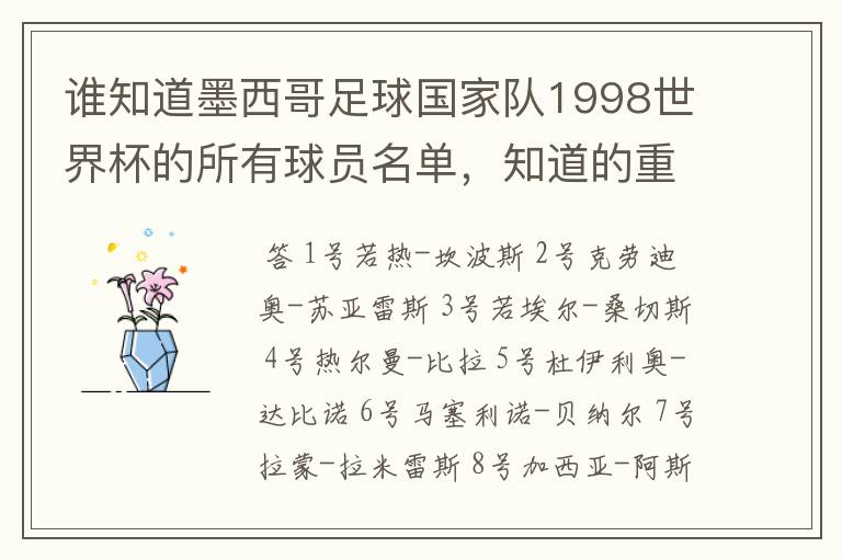 谁知道墨西哥足球国家队1998世界杯的所有球员名单,知道的重赏