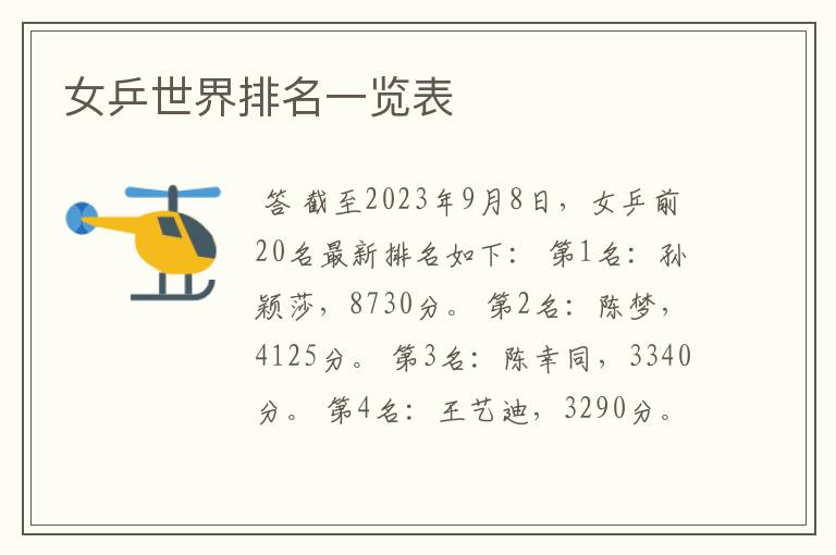 女乒世界排名一览表