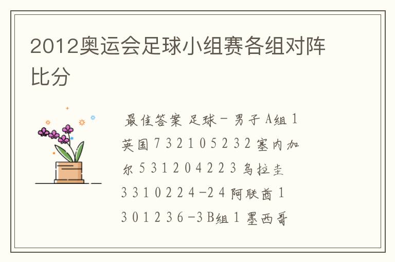 2012奥运会足球小组赛各组对阵比分