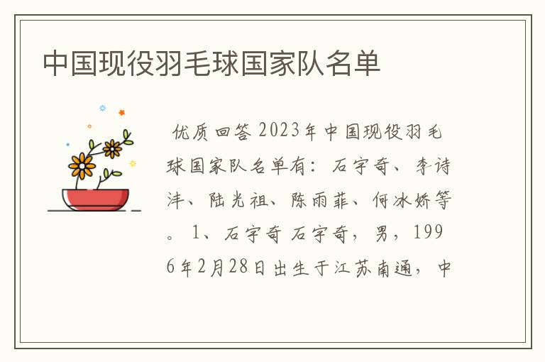 中国现役羽毛球国家队名单