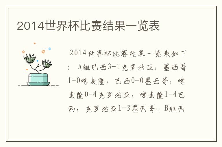 2014世界杯比赛结果一览表