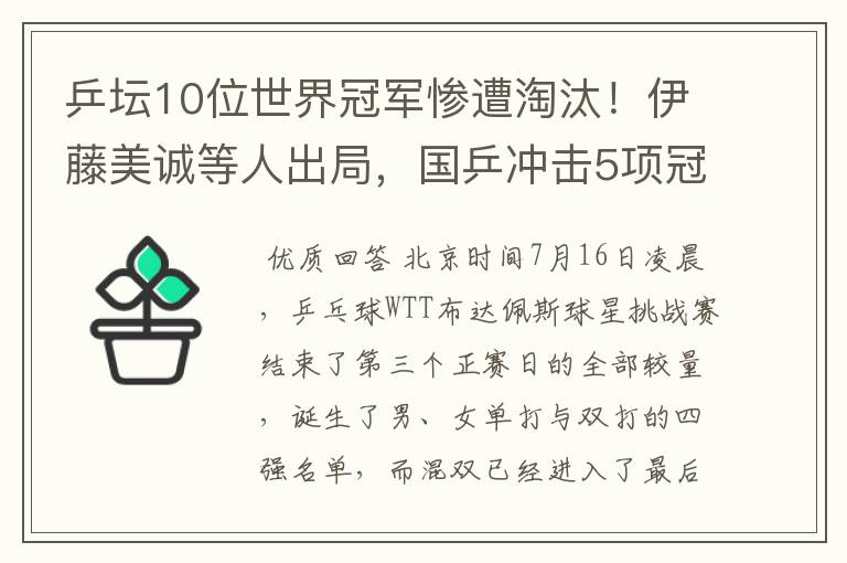 乒坛10位世界冠军惨遭淘汰!伊藤美诚等人出局,国乒冲击5项冠军