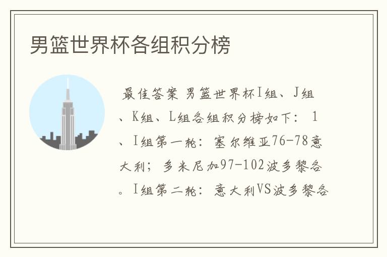 男篮世界杯各组积分榜
