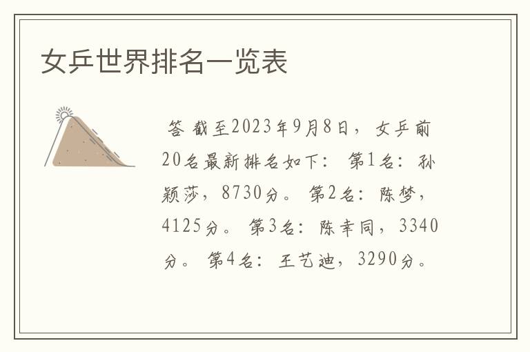 女乒世界排名一览表