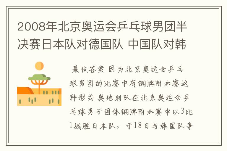 2008年北京奥运会乒乓球男团半决赛日本队对德国队 中国队对韩国队,决赛中3、4名争夺战成了韩国队对奥地利