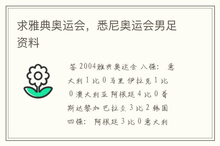 求雅典奥运会,悉尼奥运会男足资料