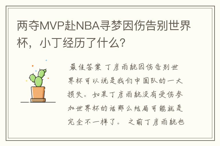 两夺MVP赴NBA寻梦因伤告别世界杯,小丁经历了什么?